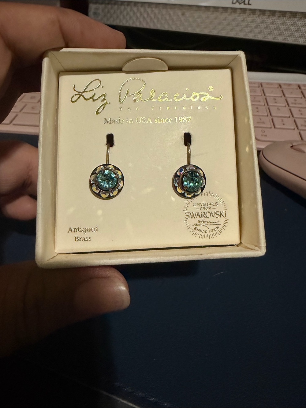 Liz Palacios Aqua Crystal Drop Earrings - Antiqued Brass